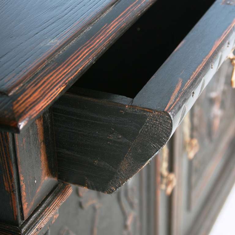 Antique Danish Carved Sideboard Circa 1870, Black Painted Finish In Excellent Condition In Round Top, TX