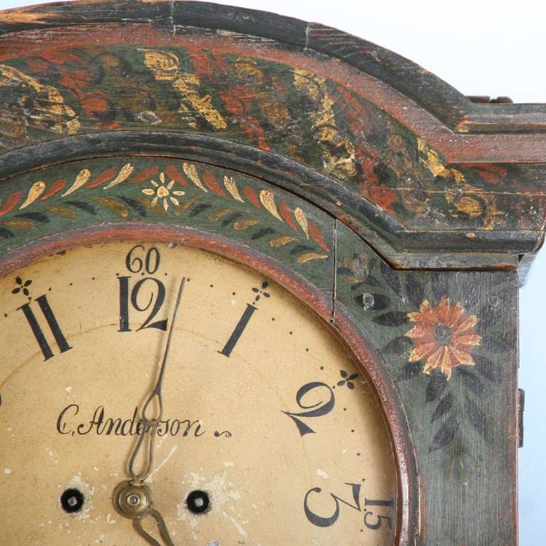 Wood Antique Original Painted Swedish Grandfather Clock ca. 1800s