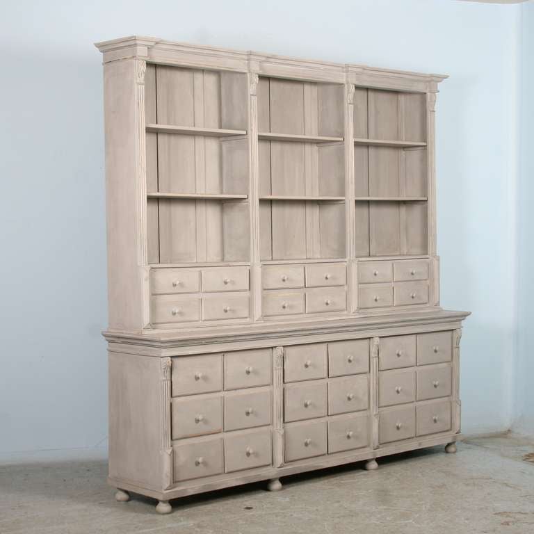 Large Gray Painted Romanian Wall Unit Bookshelf, Antique Look