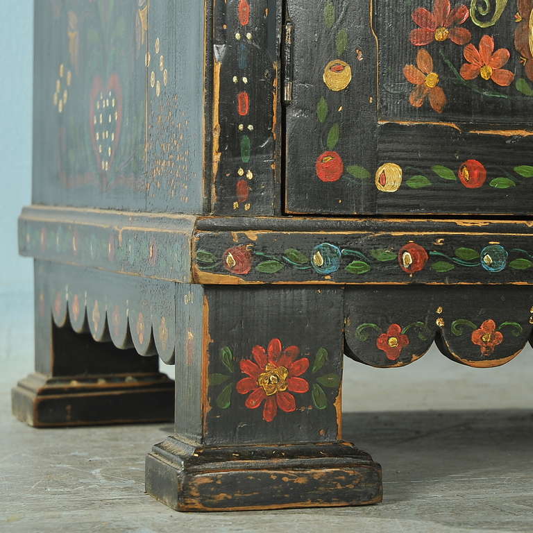 Antique Highly Painted Original Black Cabinet/Sideboard, Hungary circa 1900's In Excellent Condition In Round Top, TX
