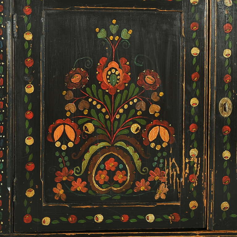 20th Century Antique Highly Painted Original Black Cabinet/Sideboard, Hungary circa 1900's