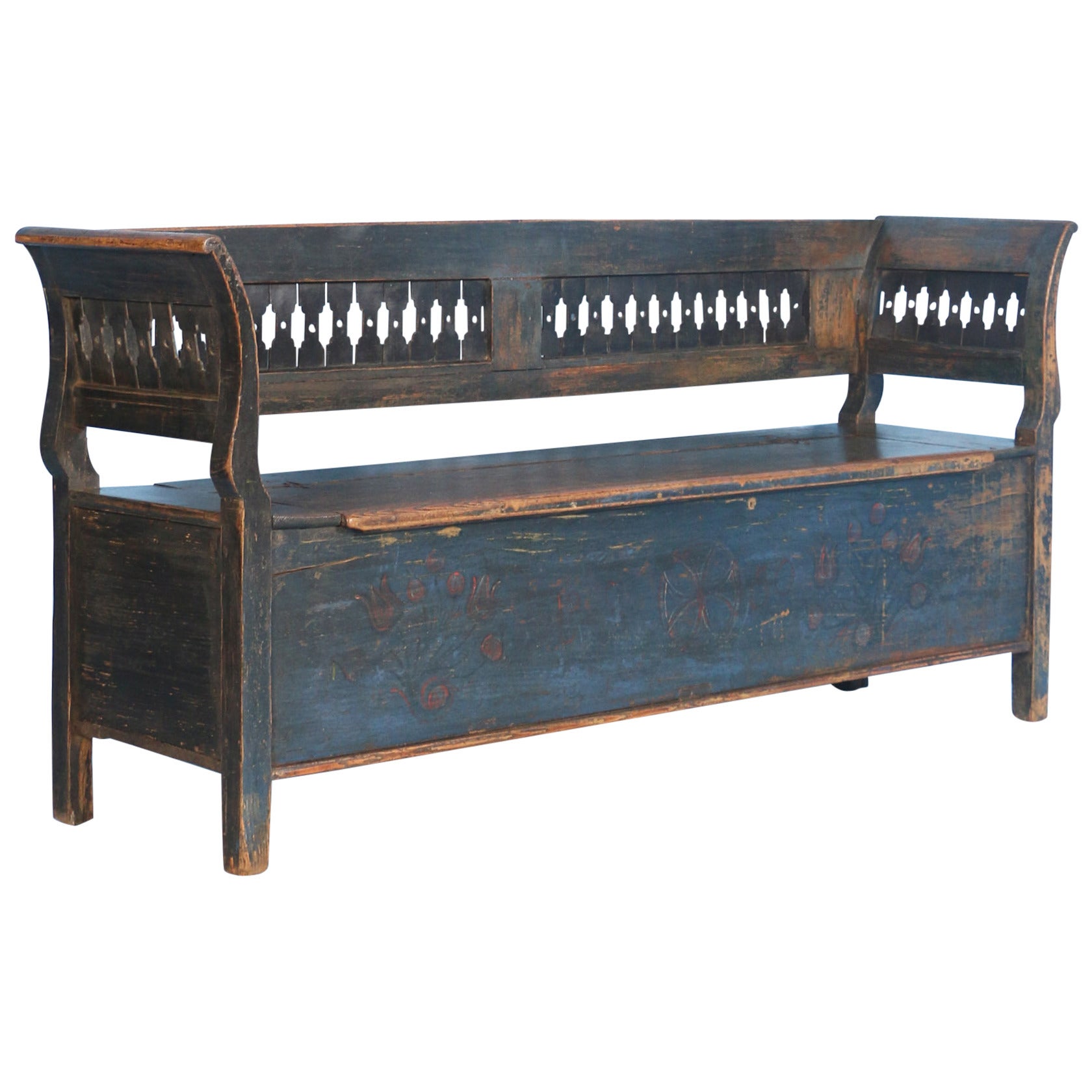 Antique Romanian Dark Blue Painted Bench, dated 1850