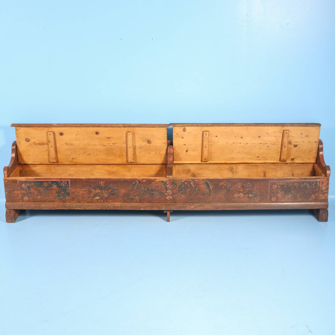 20th Century Long Original Painted Red and Blue Romanian Bench with Storage, Dated 1909