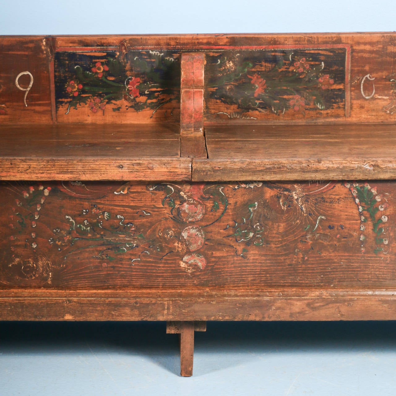 Long Original Painted Red and Blue Romanian Bench with Storage, Dated 1909 1