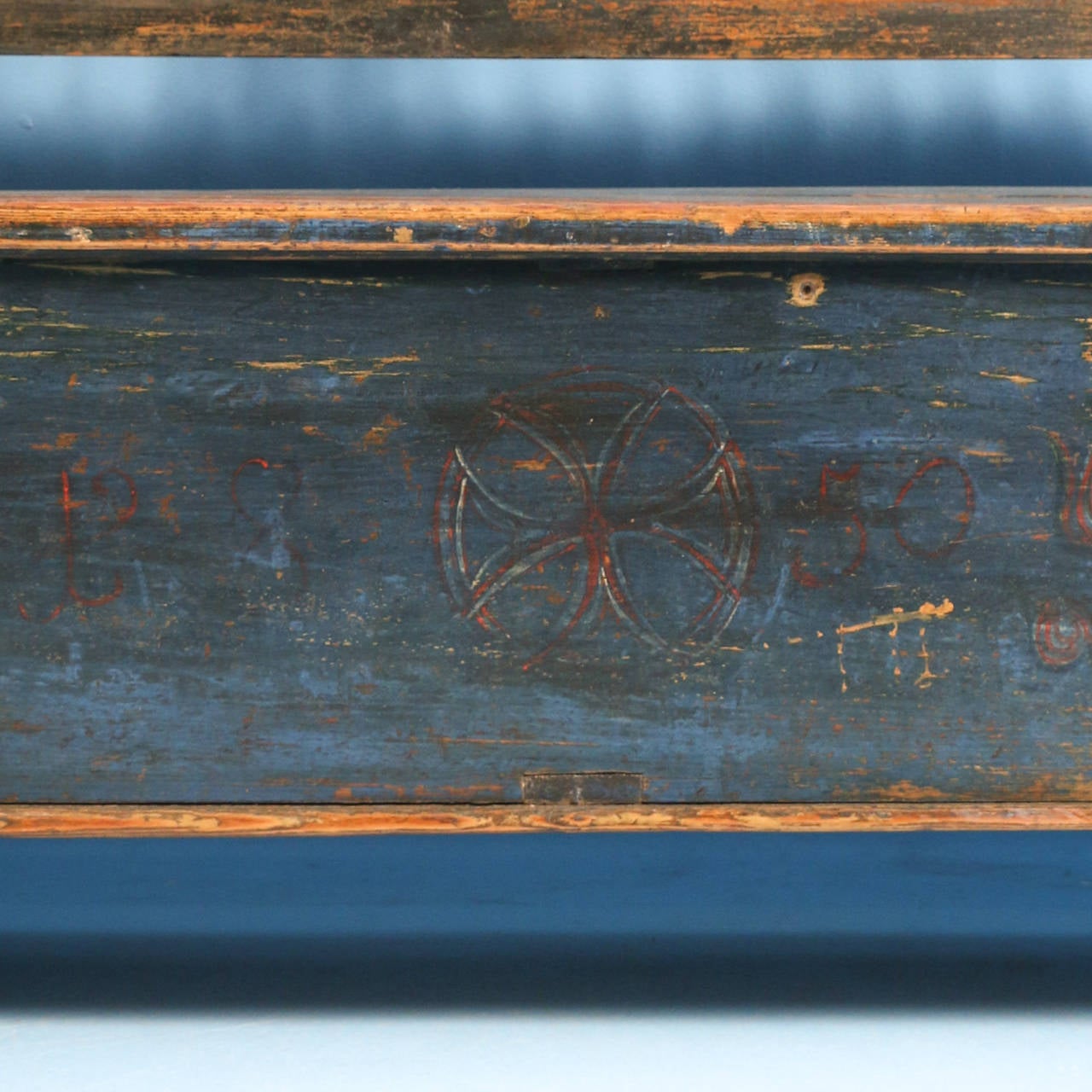 Antique Romanian Dark Blue Painted Bench, dated 1850 2