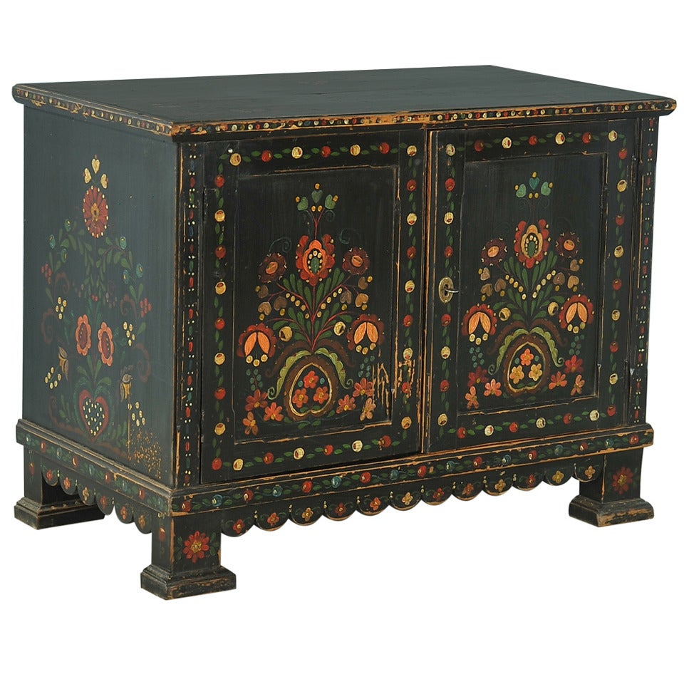 Antique Highly Painted Original Black Cabinet/Sideboard, Hungary circa 1900's