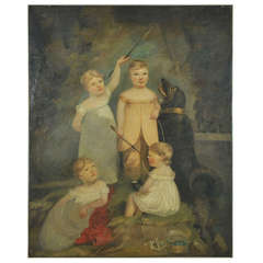 Antique Very Large Oil on Canvas Painting of Four Girls and Dog