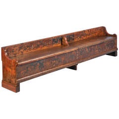 Long Original Painted Red and Blue Romanian Bench with Storage, Dated 1909