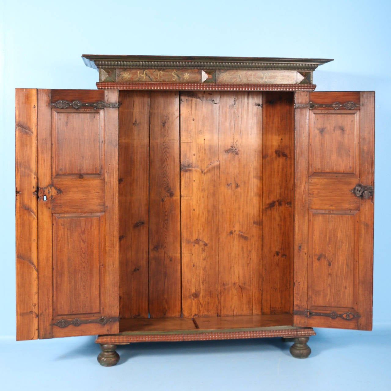 Large Antique Original Painted Green Armoire with Tree Silhouettes