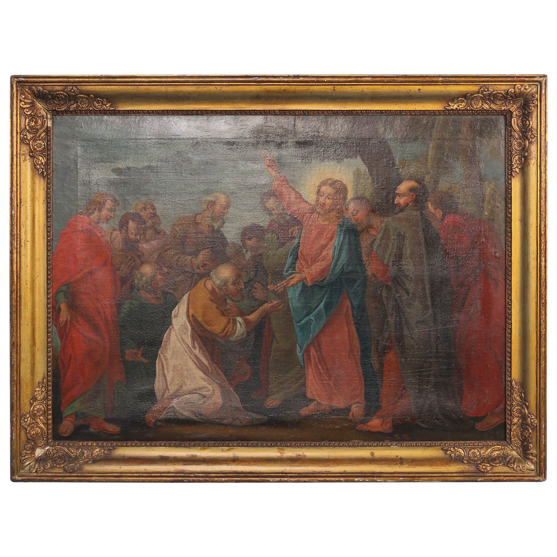 Original Oil on Canvas, Jesus Handing Keys to Peter, circa 1700s
