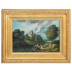 Original Oil on Canvas Landscape with Figures and Castle in Background, 1800