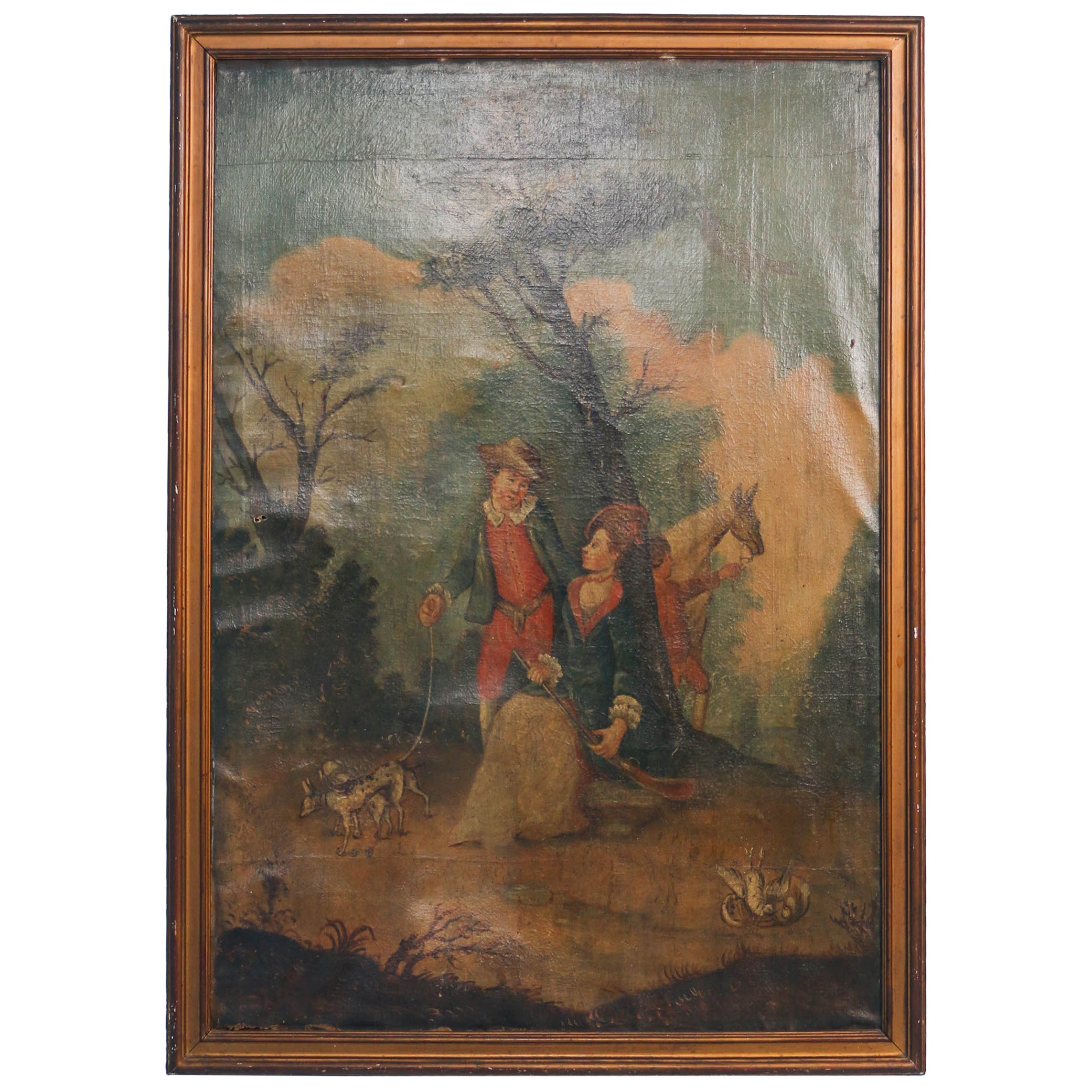 Large Original Oil on Canvas Painting, Young Man and Woman Afield, circa 1700s