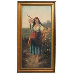 Original Oil on Canvas, Young Gypsy Woman with Stick, Signed "Malasin" 6