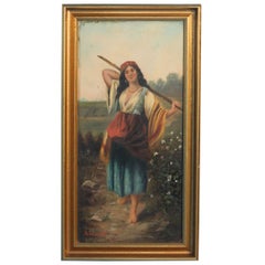 Original Oil on Canvas, Young Gypsy Woman with Stick, Signed "Malasin"