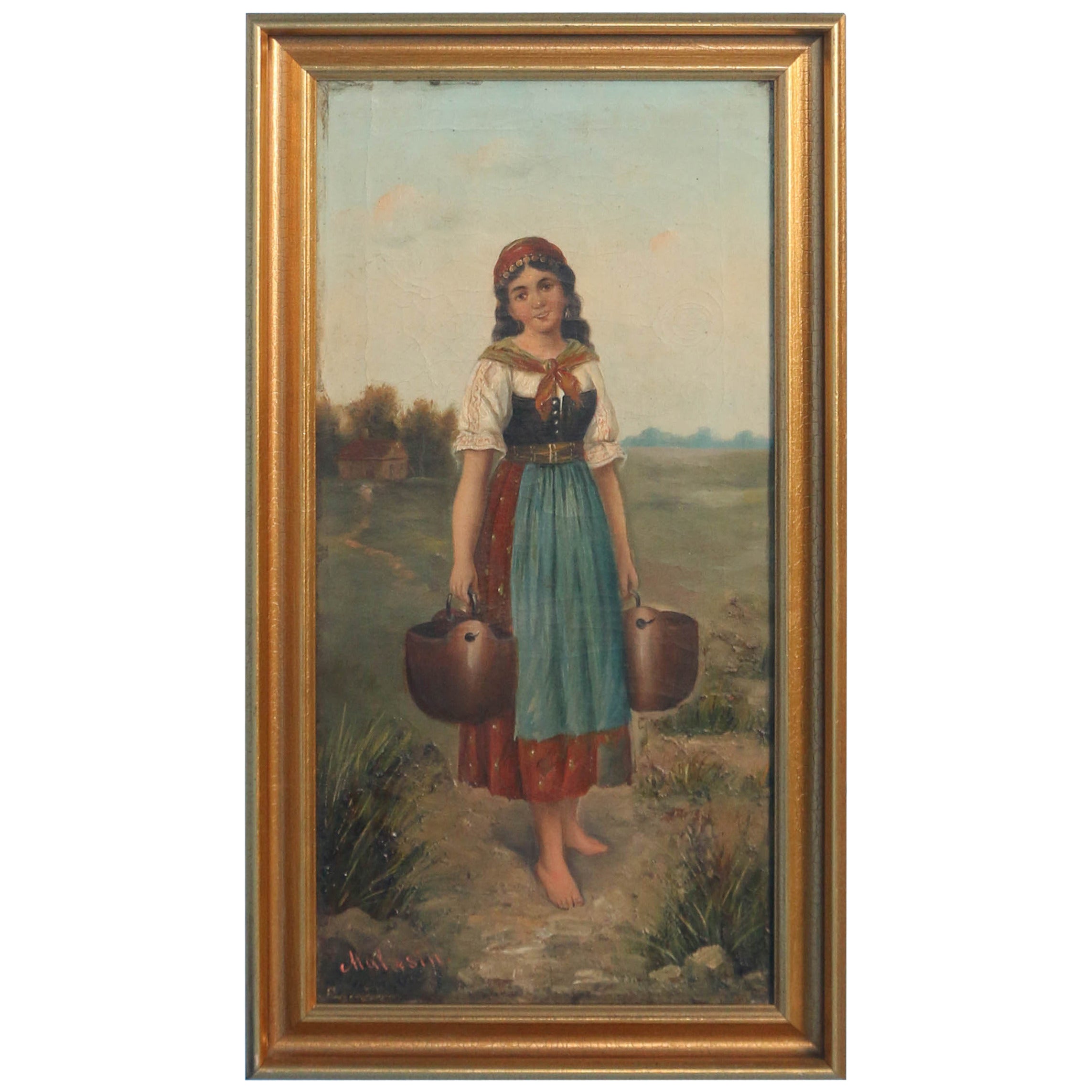 Original Oil on Canvas Painting, Young Woman with Pails, Signed "Malasin"