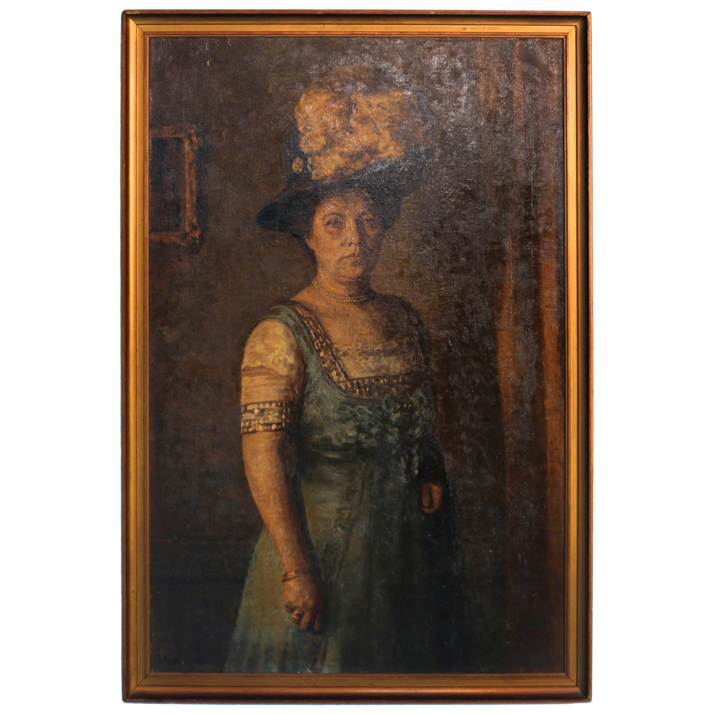 Original Oil on Canvas Portrait of Woman in Blue Dress, Signed Vigeland, 1909
