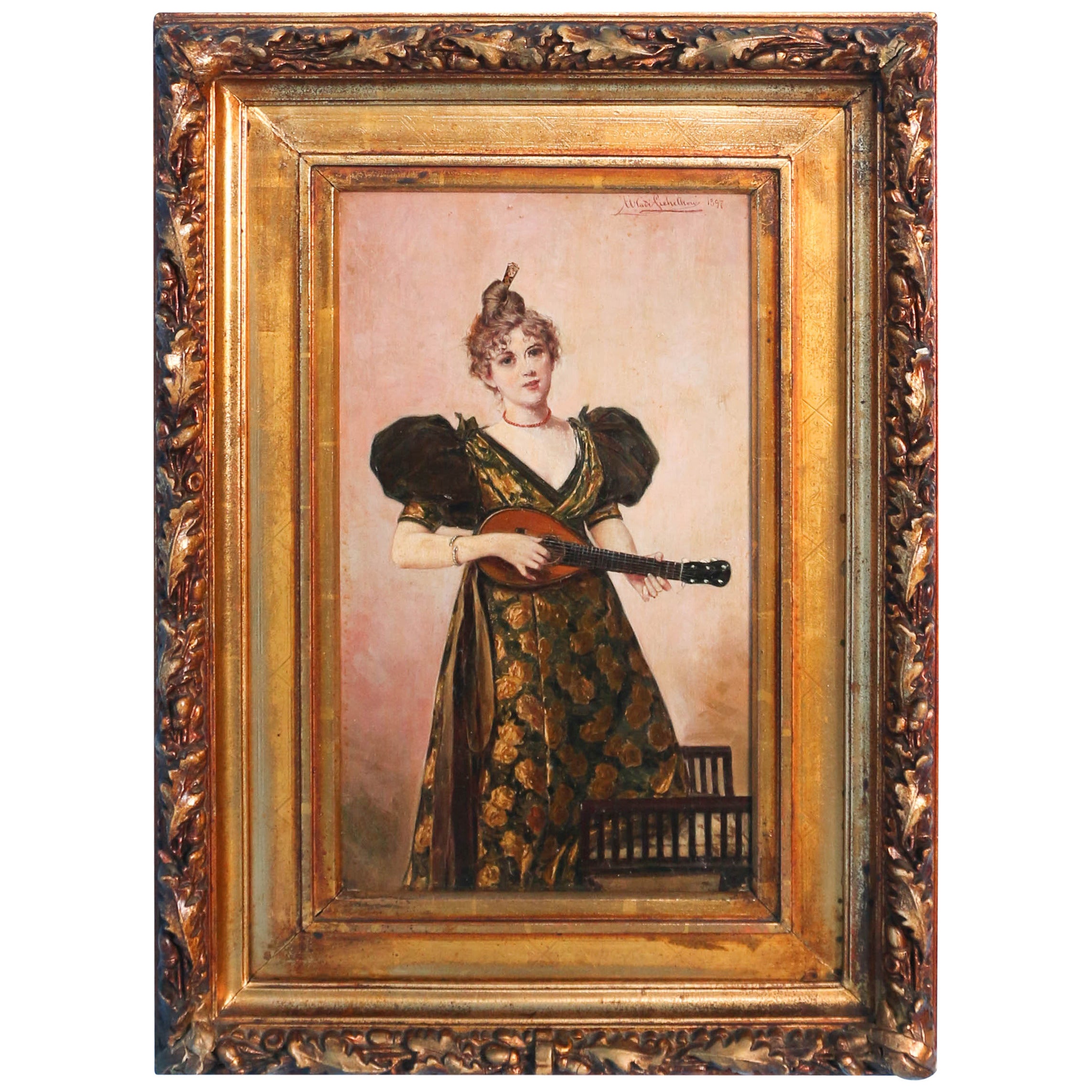 Original Oil on Wood Painting of Young Woman Playing Musical Instrument