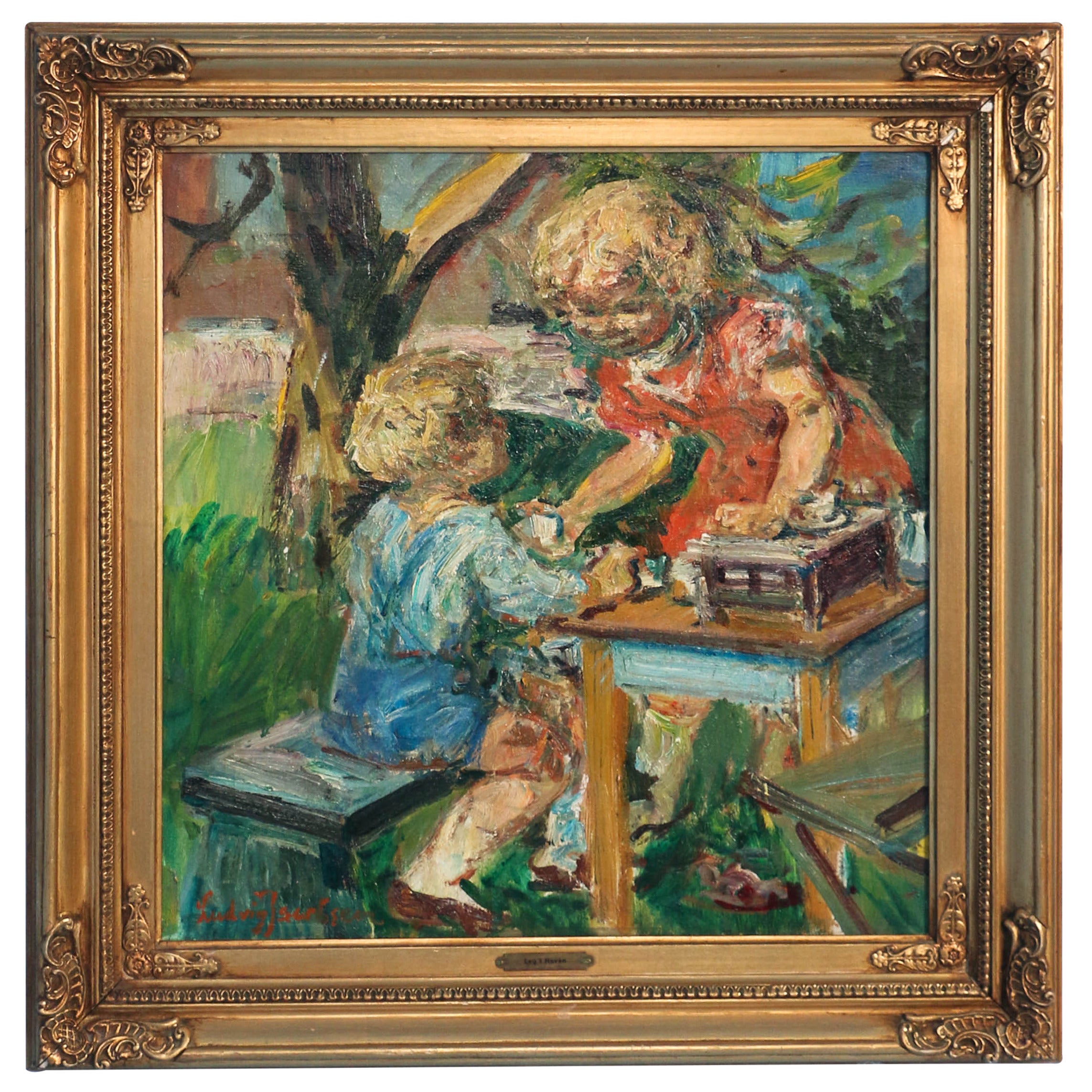 Huile sur toile originale d'un garçon et d'une fille jouant en plein air, signée Ludvig Jacobsen en vente