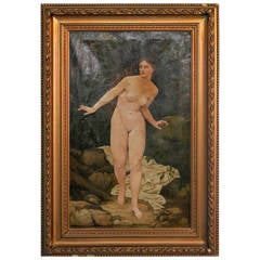 Original Oil on Canvas, Nude Woman Bathing in Forest Signed by Emil Ljungqvist