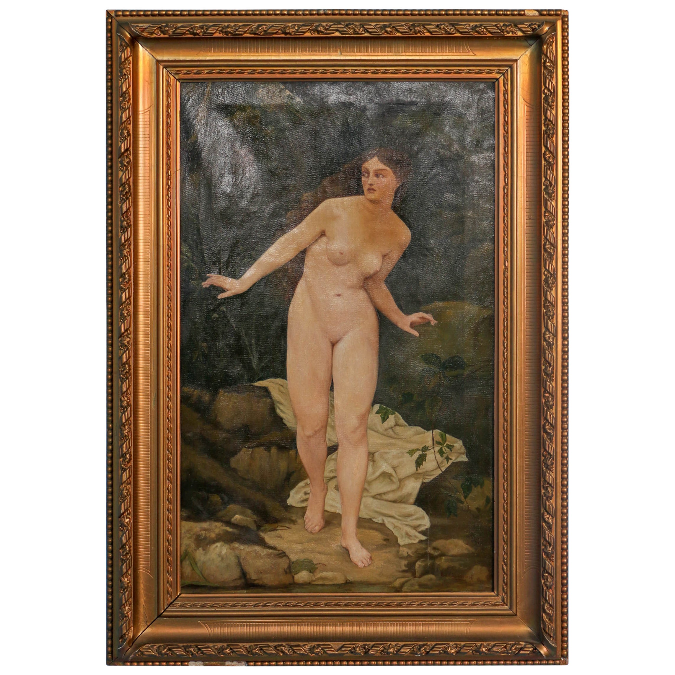 Original Oil on Canvas, Nude Woman Bathing in Forest Signed by Emil Ljungqvist