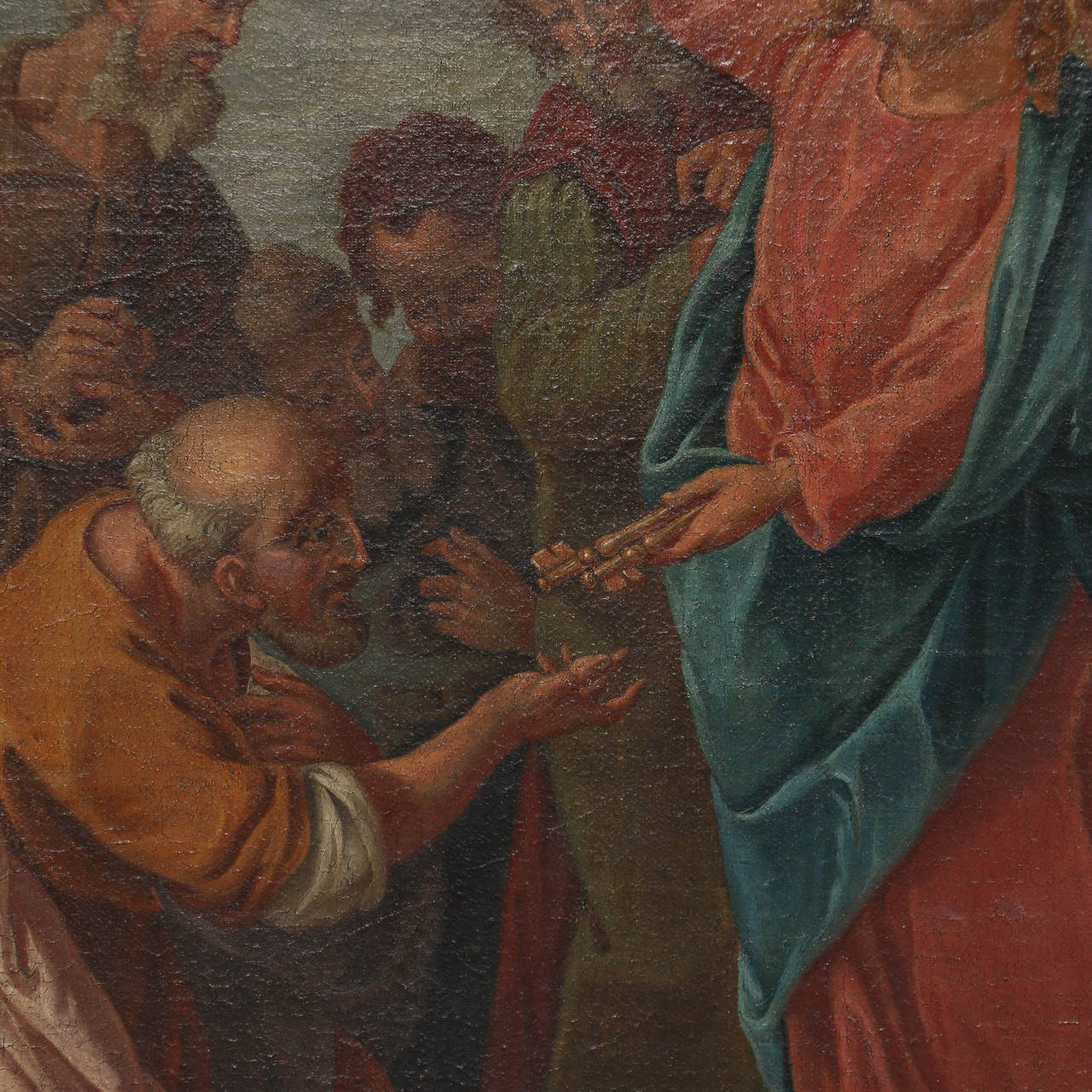 Original oil on canvas painting of Jesus handing over the keys to Saint Peter, unknown artist, unsigned. The colors of red, blue, green, brown and white are still vivid in this very old painting. Please examine the close up photos to appreciate the