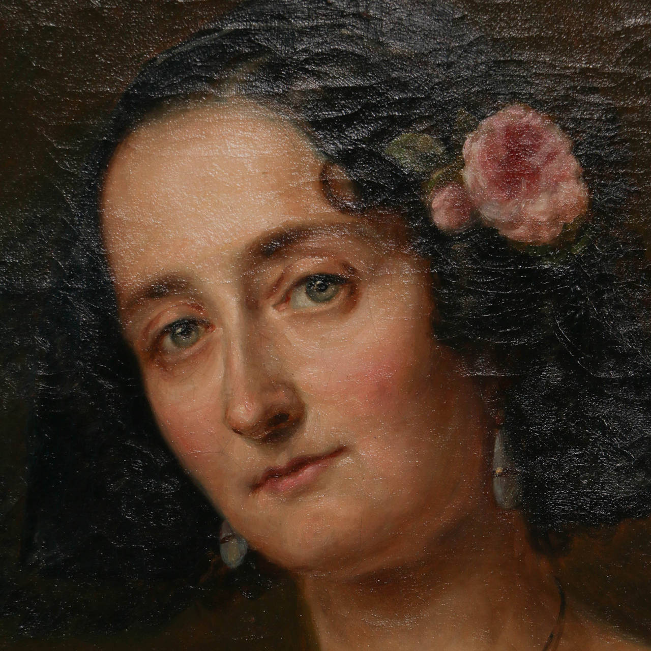 Original oil on canvas painting of Fanny Magdalena in formal black dress and pink flower in her hair by unknown artist. On the stretcher is the name Darsgestellten. Fanny Magdalena of Eckenbrecher, Danelon was born in 1805 and died in 1879 in