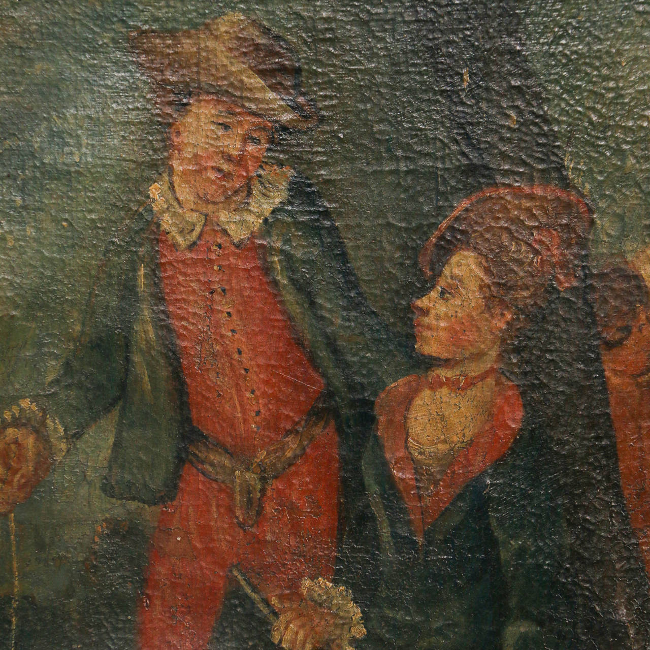 Large Original Oil on Canvas Painting, Young Man and Woman Afield, circa 1700s In Fair Condition In Round Top, TX
