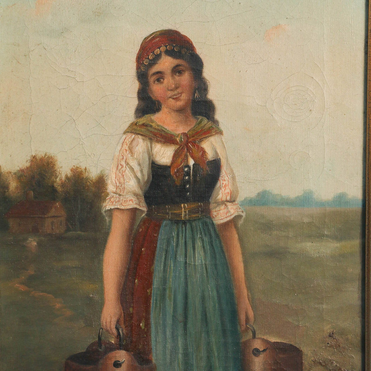 Original Oil on Canvas, Young Woman with Pails. Southern Europe setting, signed 