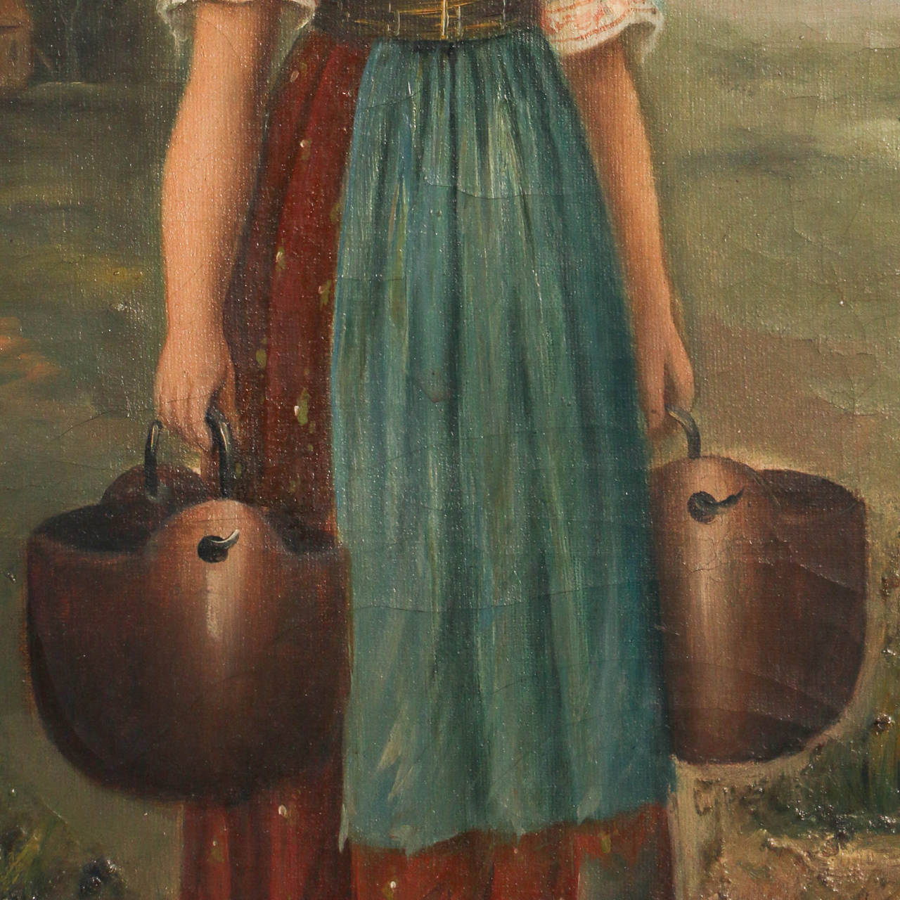 Original Oil on Canvas Painting, Young Woman with Pails, Signed 