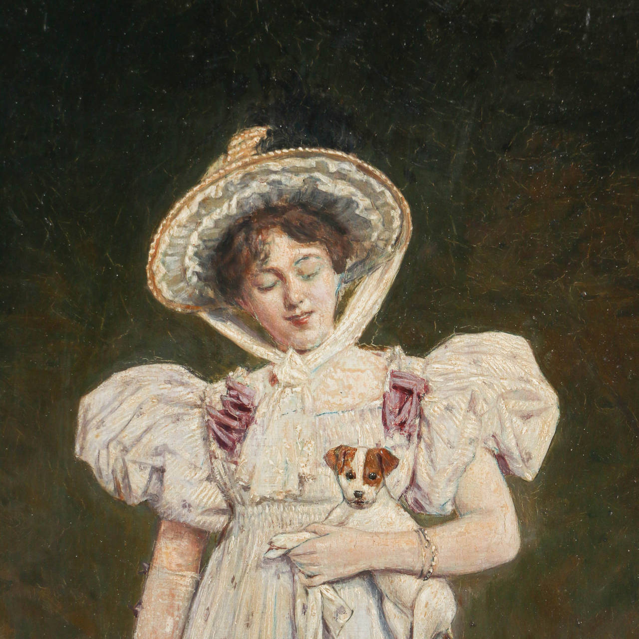 This delightful oil on wood painting depicts a young lady in a white dress and hat holding a small dog and black satchel purse. It is signed and dated Wald Sichelkow 1879, known also as Valdmar Sichelkow.
