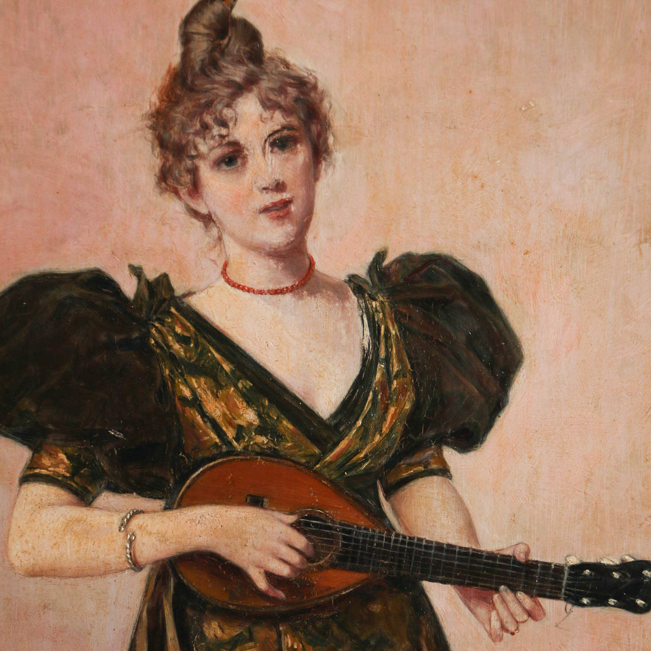 Female portrait, oil on wood. Young lady dressed in green and gold playing  a musical instrument. Signed and dated, Wald Sichelkow, 1897. This artist's full name is Valdemar Sichelkow.