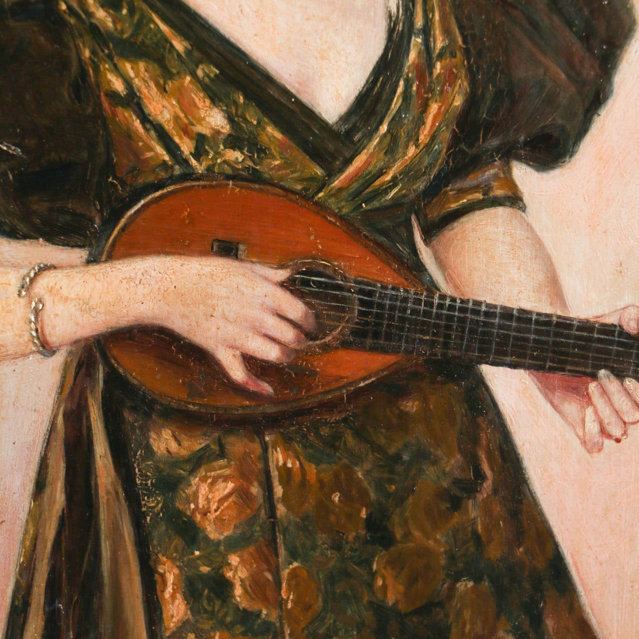 Danish Original Oil on Wood Painting of Young Woman Playing Musical Instrument