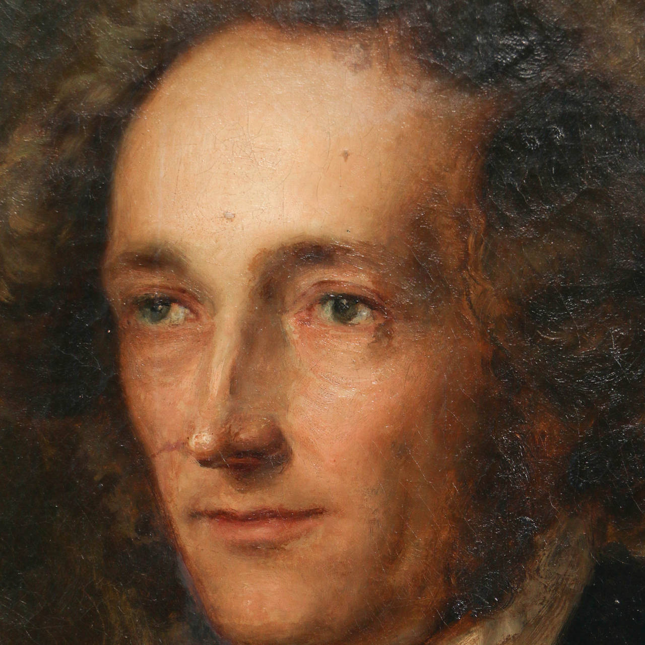 Original oil on canvas, Portrait of Gentleman, unknown artist. Note the light on his face, black dress coat and white collar.