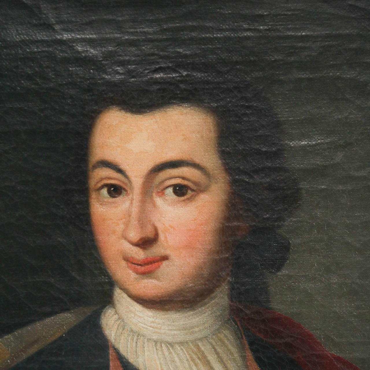 Oil on canvas painting,  unknown artist of the 19th century 'Herrenporträt' . Shown in three-quarter profile. Gentleman has an aristocratic or military bearing. He is wearing a red cape and small portrait of a man (male family member or