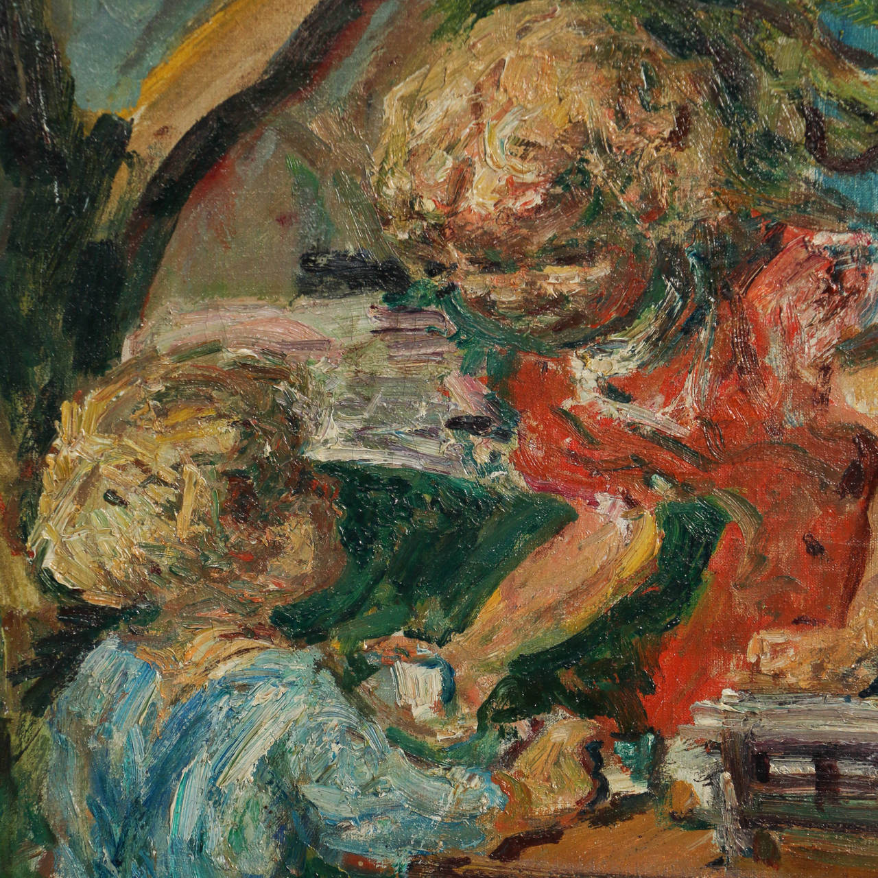 Peinture originale à l'huile sur toile de  deux enfants prenant le thé à l'extérieur. Des couleurs vibrantes de vert, de bleu et de rouge dans cette charmante scène.  Signé Ludvig Jacobsen.

** En raison de l'actualité et de la fluctuation des prix