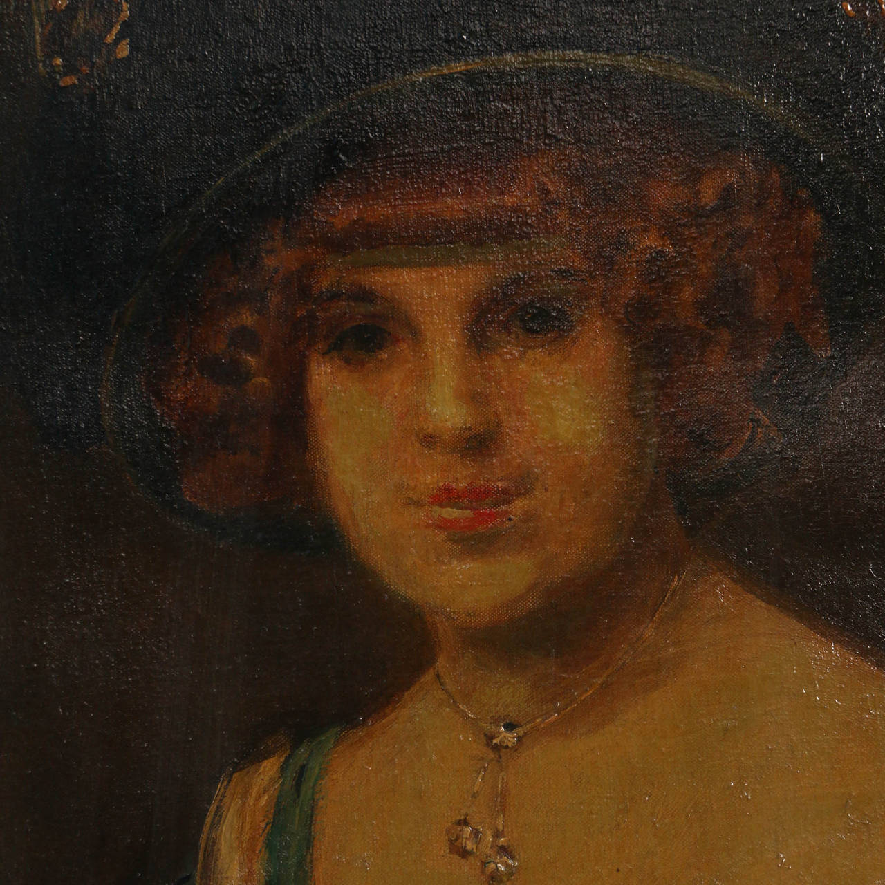 Portrait original à l'huile sur toile de la chanteuse et muse du peintre danois Holger Drachmann, Amanda Jensine Nielsen. Elle porte une belle robe et un chapeau bleus, ainsi qu'un délicat collier autour du cou. Signé A. Weie au verso.