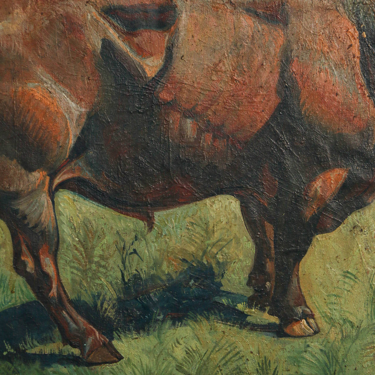 Original Oil on Canvas painting of a lone bull in a field, signed and dated in the lower left Gunnar L.,  1922. While there are some 