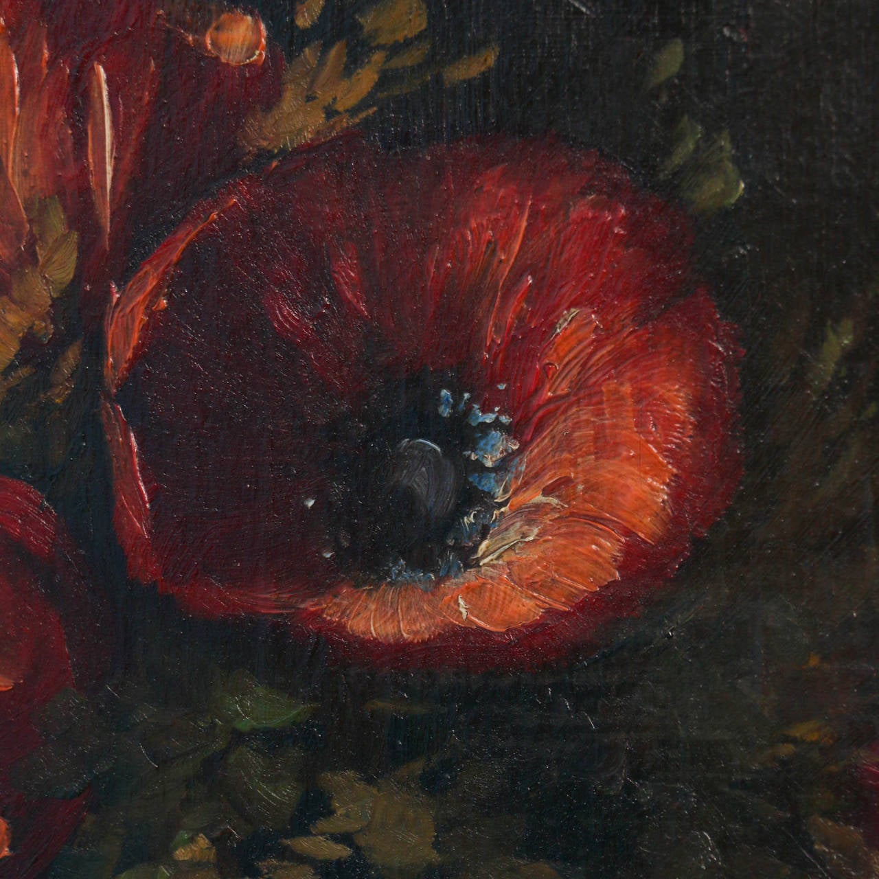 Original oil on board painting of still life, depicting lovely red poppies, green and purple grapes and other fruit. Unknown artist, late 19th century.