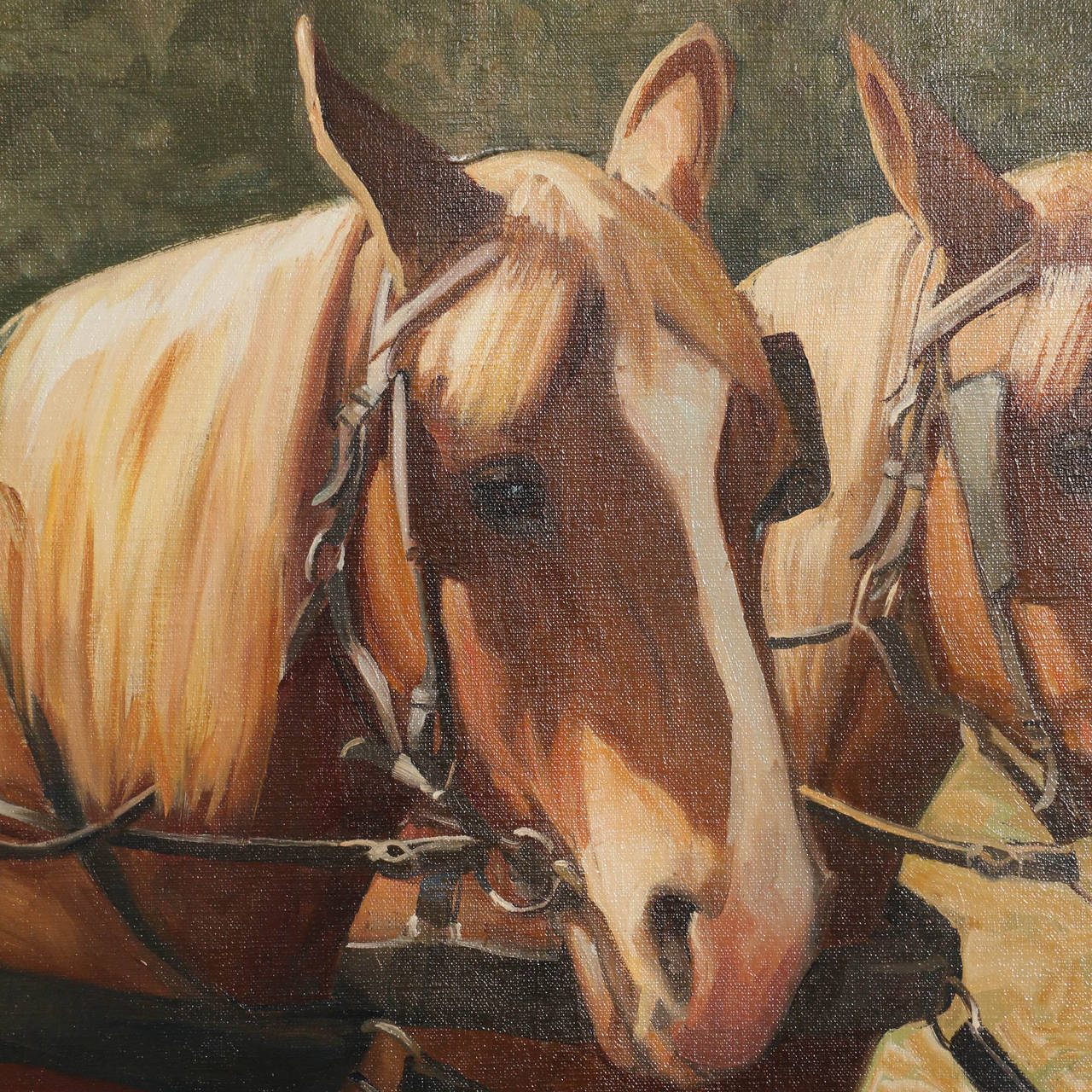 Lovely oil on canvas painting of two work or draft horses in harness. Please examine the close up photos to appreciate the simple, soft details of this charming painting. Signed 