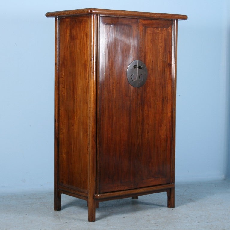 Antique Polished Chinese Elm Wood Cabinet w/ Contemporary Look