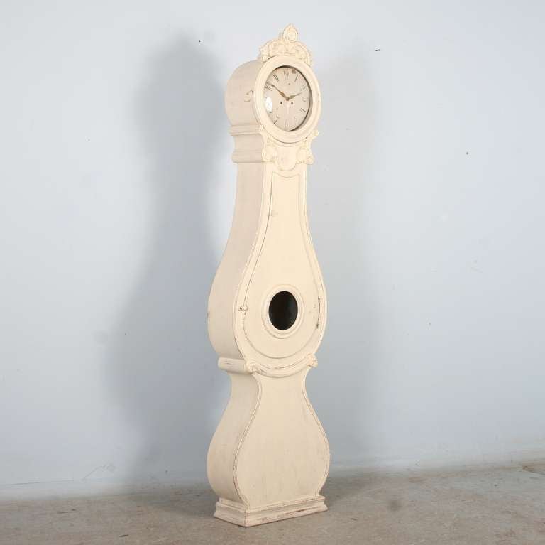 Dramatic Tall Antique White Swedish Mora Grandfather Clock, Gustavian Style