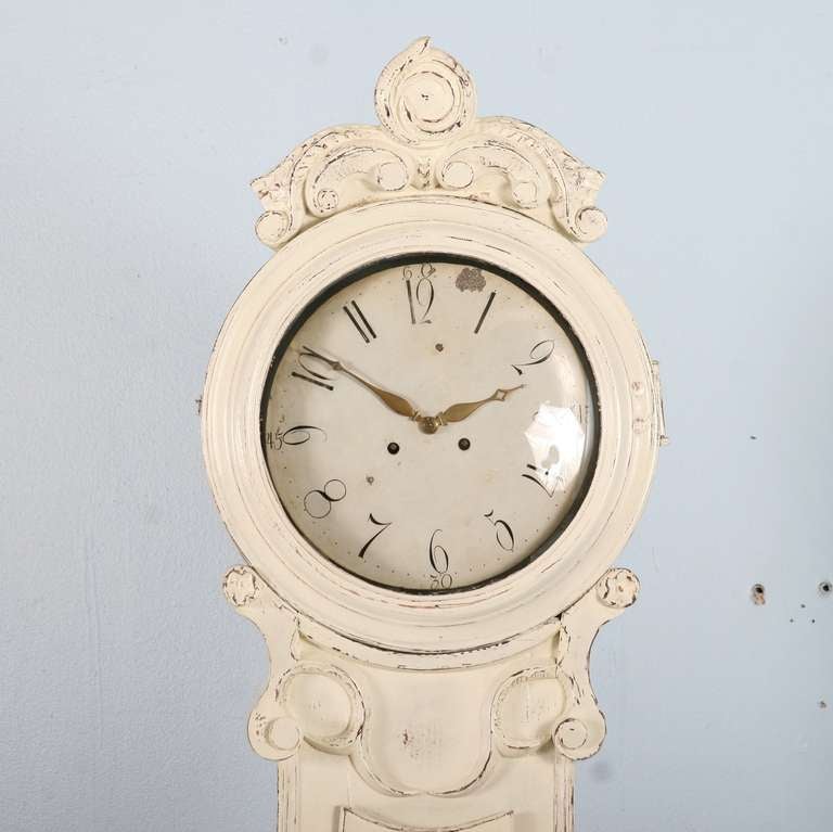 Dramatic Tall Antique White Swedish Mora Grandfather Clock, Gustavian