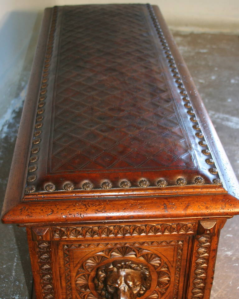 Antique German Heavily Carved Trunk with Embossed Leather Seat 4
