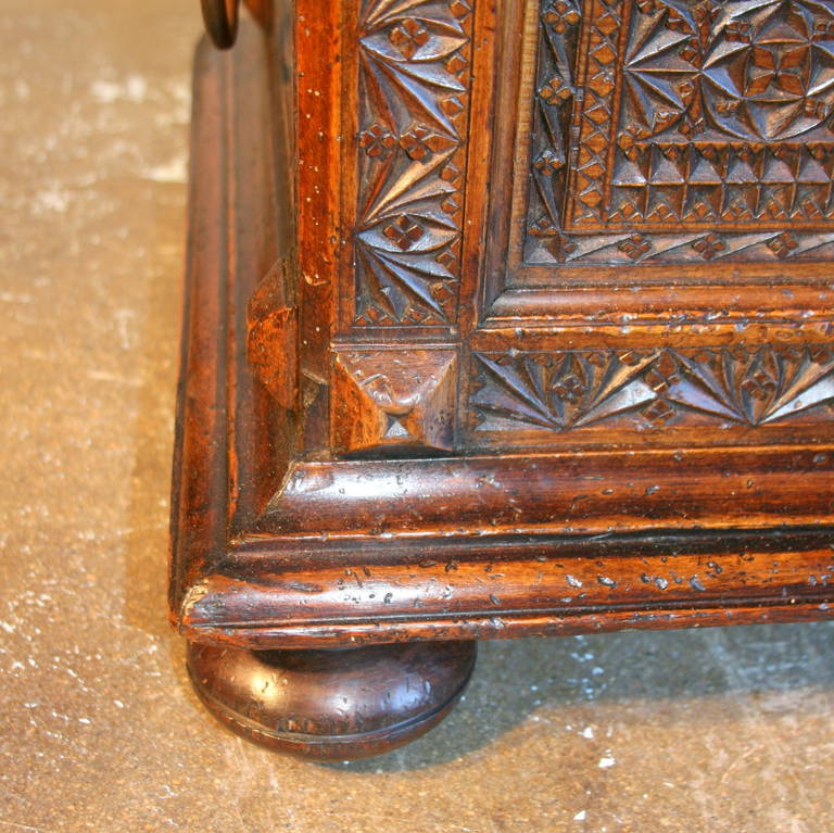 Oak Antique German Heavily Carved Trunk with Embossed Leather Seat