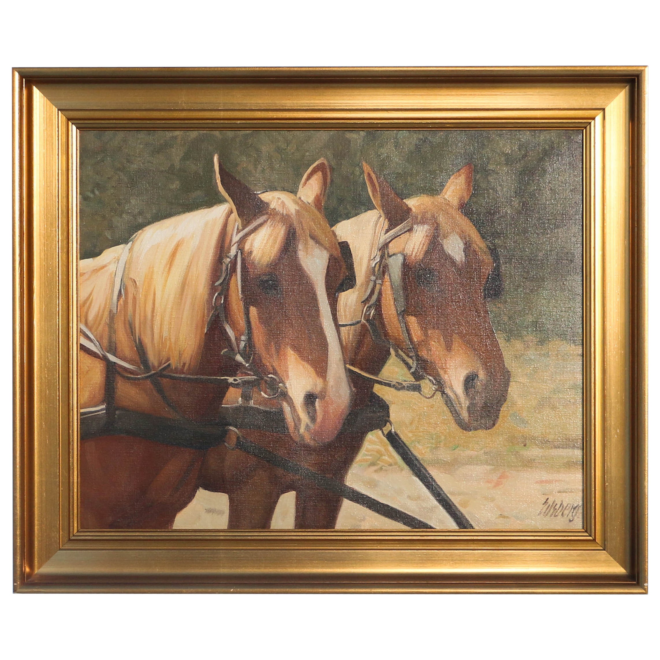 Antique Oil on Canvas Painting of Two Draft Horses, Signed Eilsberg