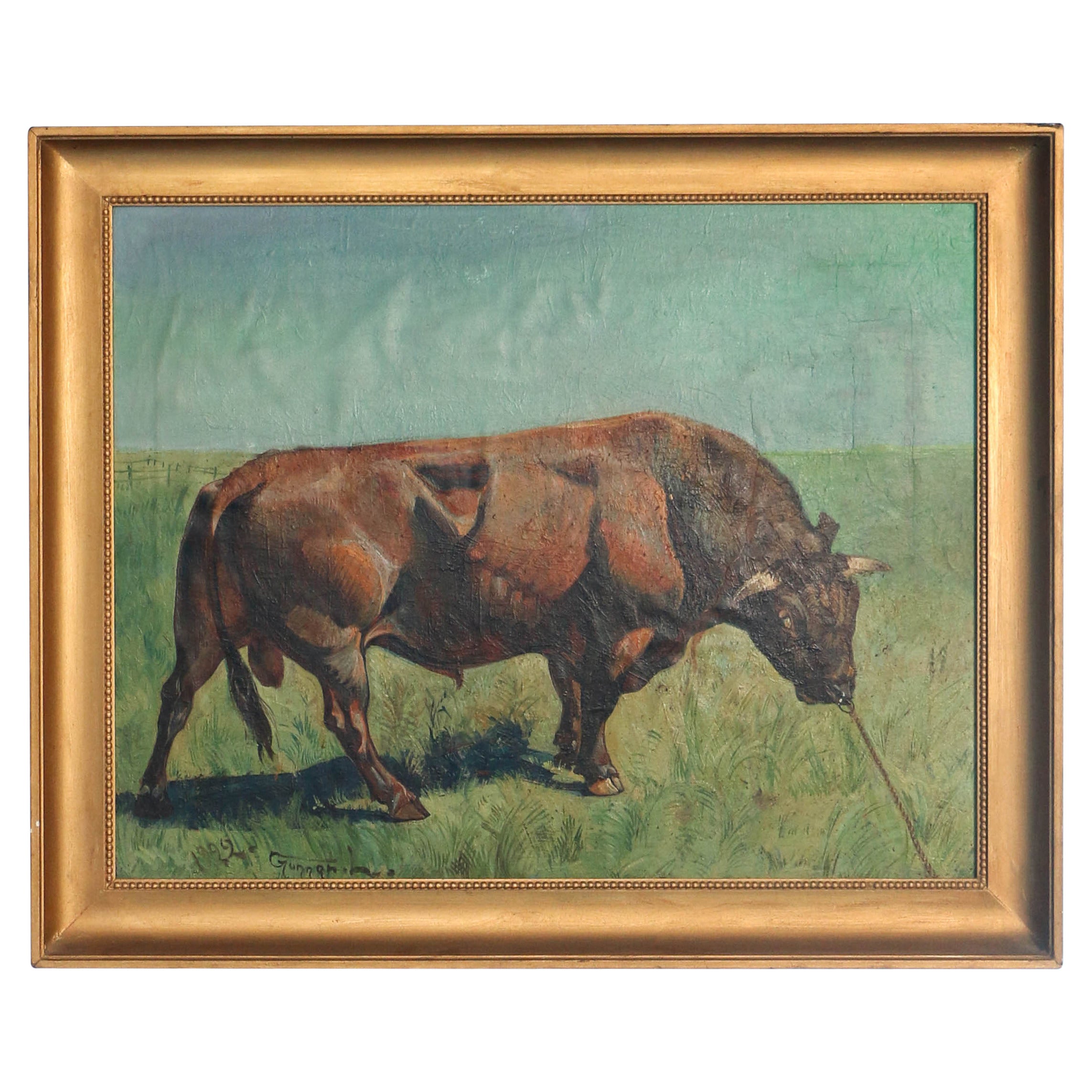 Original Oil on Canvas Painting of Bull in Field, Signed Gunnar L., Dated 1922