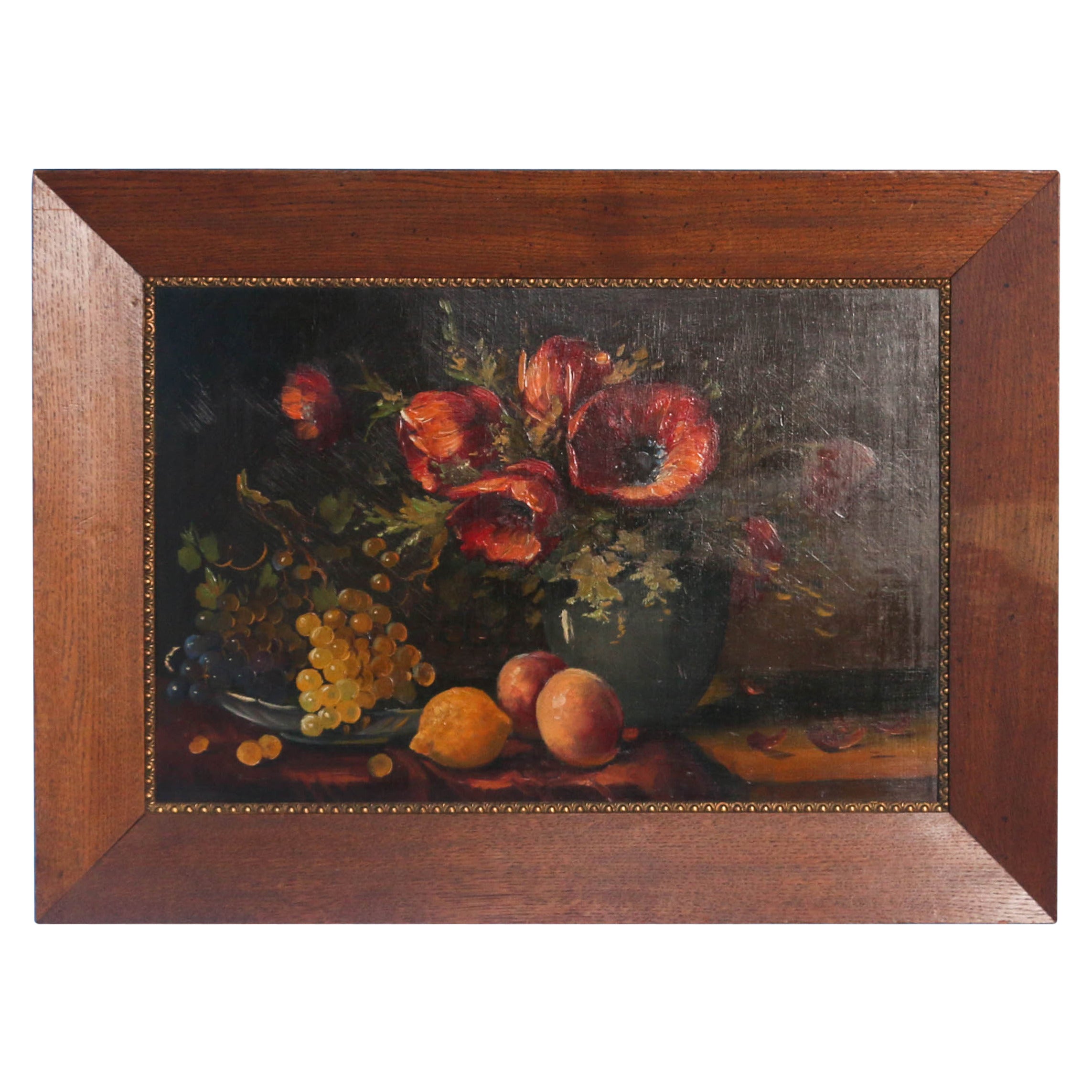 Original Oil on Board Still Life Painting of Red Poppies and Fruit, 1900s