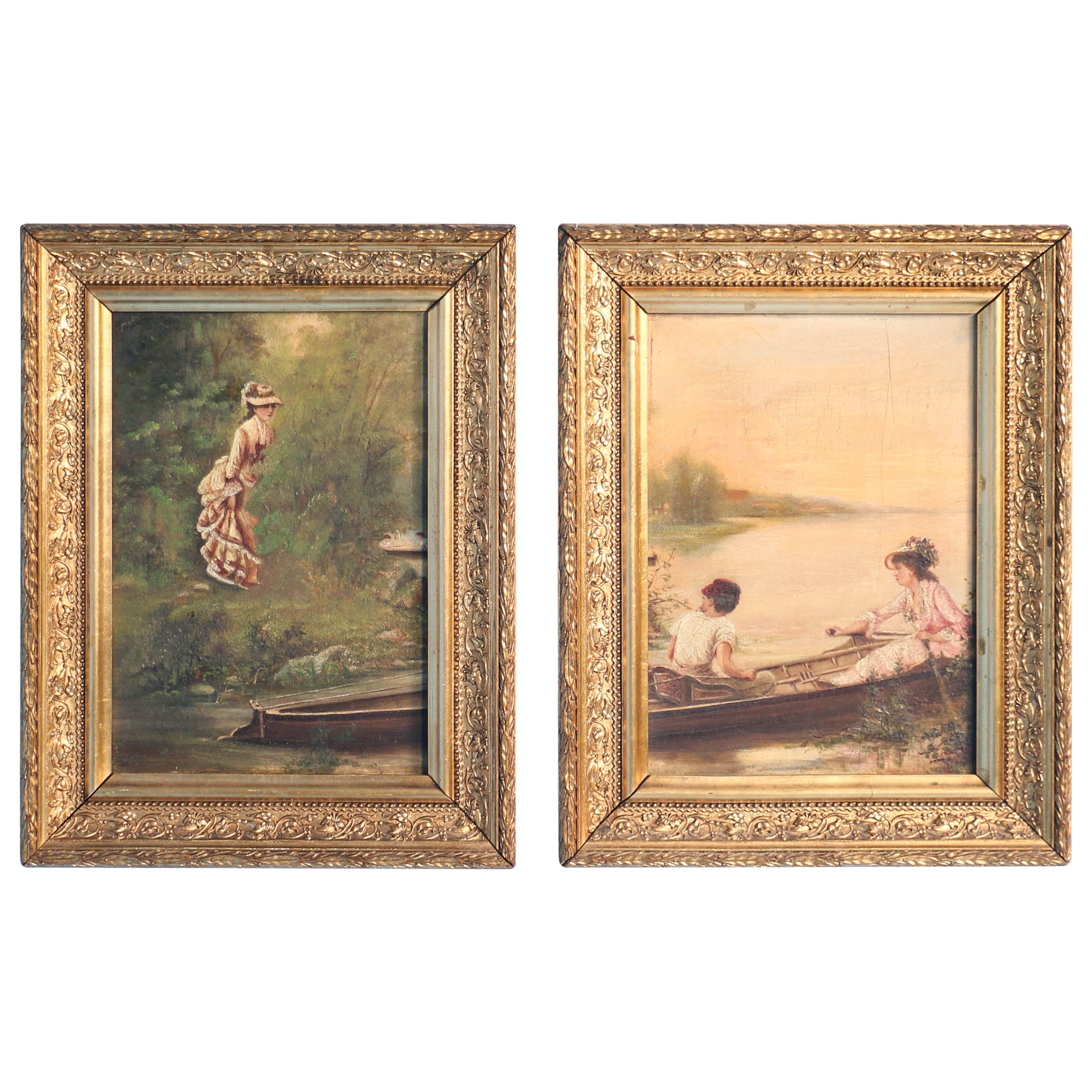Paire de peintures à l'huile sur toile d'un couple de bateaux et d'une femme sur terre cuite
