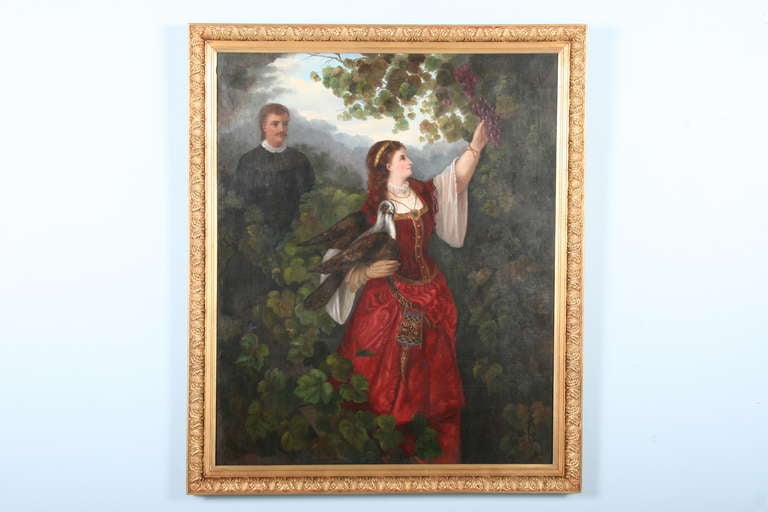 Unknown artist, signed CK, oil painting possibly 1800s. 
Romantic young couple; from her dress, is likely Russian influence and dates back to 1820's. The young woman's face is luminous, she is holding a dove or pigeon on her gloved right hand and