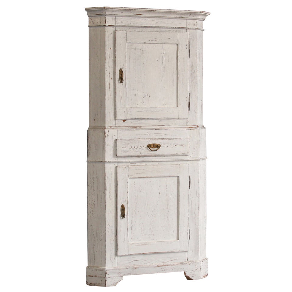 Antique White Painted Swedish Corner Cupboard